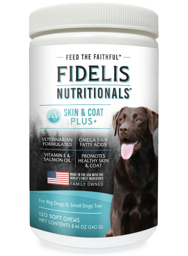 skin and coat plus nutritional supplement for dogs. 120 soft chews. turquoise blue in lower bottom corner. big black dog on front right.